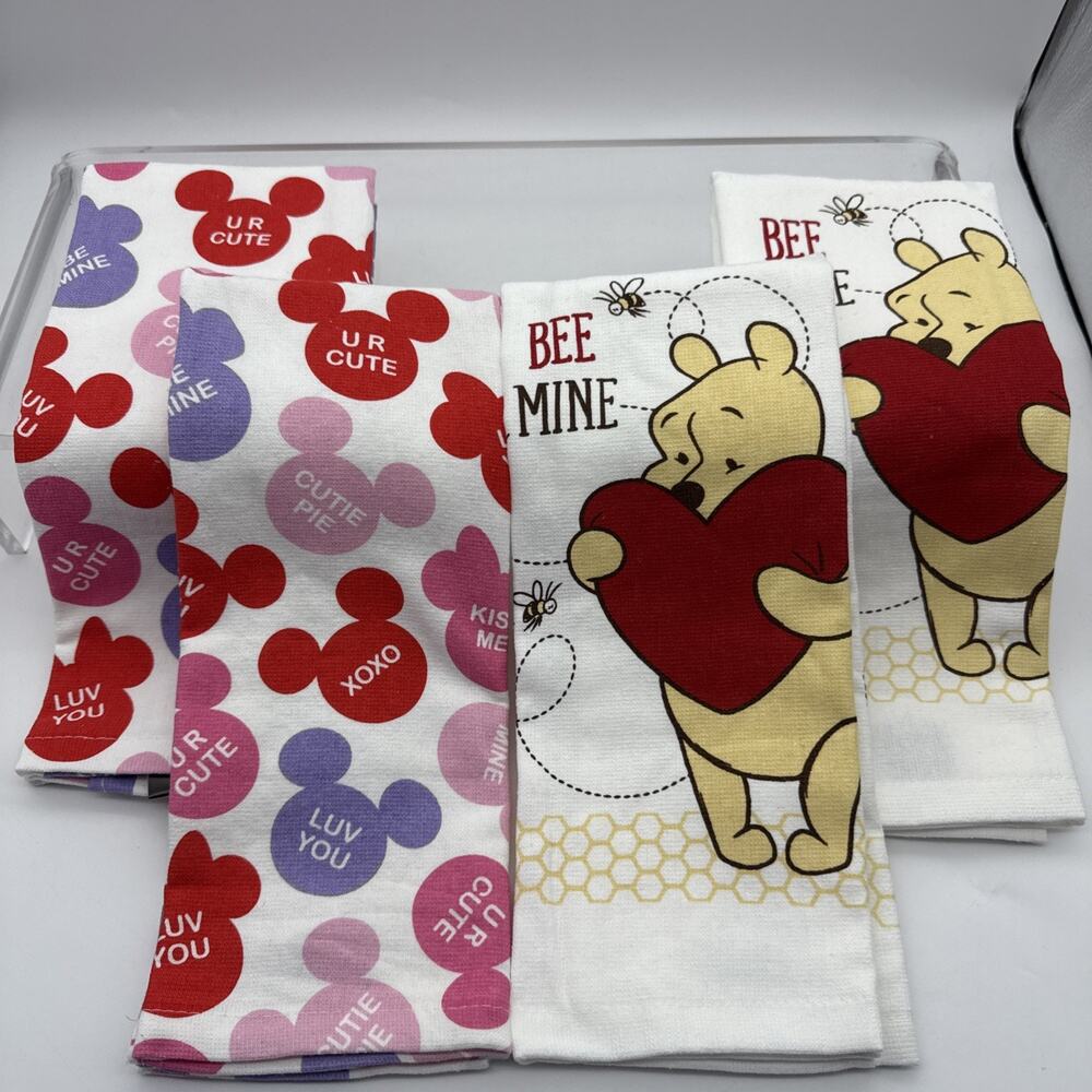 4 Disney Valentine’s Day Minnie Mickey Mouse/Poo Kitchen Towels Best Brands NWOT